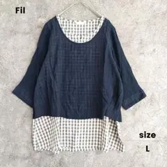 大きいサイズ✨️Fil フィル　七分袖カットソー　重ね着風　チェック柄　L