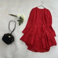 【H＆M】赤 総レース 長袖ミニワンピース フレアスカート ひざ丈 a2941