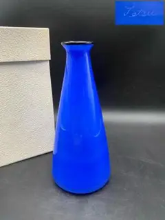 藤井哲信作 青色手吹ガラス円錐形花瓶 箱付き 徳島 作家作品