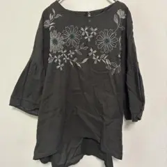 Fサイズ刺繍入りブラック黒五分袖チュニック