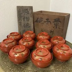 313 美品良好 厳選越前塗 吸物椀１０客木製本堅地 蛤巻貝文様 蒔絵 /輪島塗 戦前 大正〜昭和初期 熊野漆器店 輪島塗 布着本堅地 煌びやかな