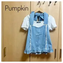 パンプキン 水色 デニムフリル付きトップス M