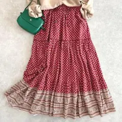 スタジオクリップles OLIVADES ロングパネルスカート 赤 ギャザー 柄