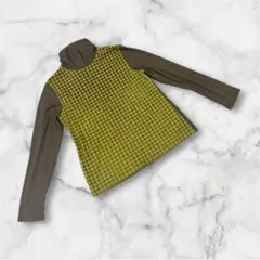 長袖カットソー　L ブラウン　グリーン　チェック柄　タートルネック