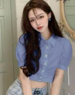 ショートパフスリーブミニシャツ 水色 shein