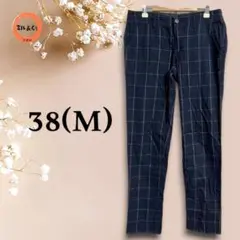 レディース　ウインドペン柄　スリムパンツ　ネイビー系　38(M)