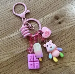 【ハンドメイド】じゃらじゃらキーホルダー　ピンク　くま　おかし