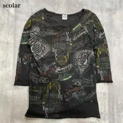 スカラー【M】Tシャツ ハーフボタン 総柄プリント グラフィックモチーフ ラメ