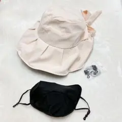 ピンク 冷感マスク　セット　レザー　つば広　帽子　日焼け防止　折りたたみ　ハット