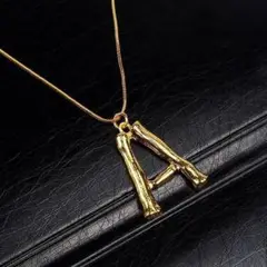 【A】イニシャルネックレス レトロ ビンテージ ウッド調 アルファベット