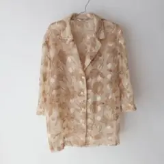 USED 古着 お花 ベージュ ハーフスリーブ シアー ブラウス
