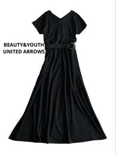 美品 BEAUTY&YOUTH ベルト付きカットソーマキシワンピース 黒
