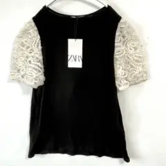 新品タグ付✨ZARA レース袖トップス L 黒×白 大人可愛い
