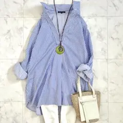 美品 23区 長袖 ストライプ ブラウス シャツ ブルー48 大きいサイズ