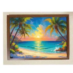 ビーチと夕日の風景画 木製フレーム付き