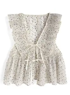 フリルリボン花柄シフォンブラウス[dh1392] 未使用