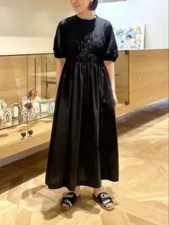 Ballseyコットンジャージーコンビ シャーリング ワンピース　ブラック S