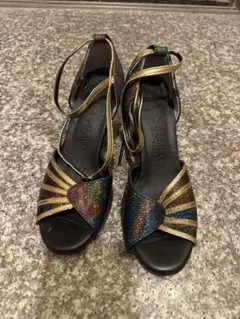 社交ダンス ラテンシューズ 24.5cm ゴールド×マルチカラーストラップ付