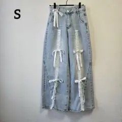 GRL リボンレースフリルワイドデニムパンツ