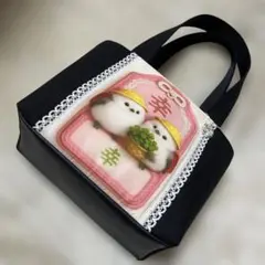 帆布使いトートバッグパネルレース付=お守りシマエナガ