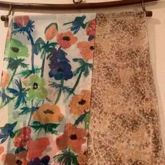 細長スカーフ2点　シフォン　フラワー柄　グリーン系　ベージュ系