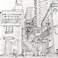手描き　オリジナル　古い町　ポストカードサイズ