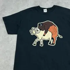 ヤギを襲う動物　イラスト　ビッグプリント　半袖　Tシャツ　古着　ブラック　L