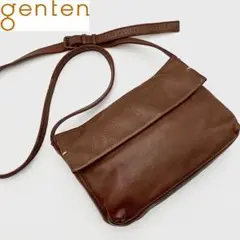 美品 genten ショルダーバッグ レザー ロゴ 型押し ステッチ ブラウン