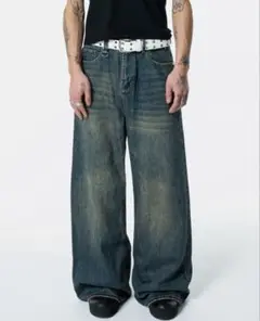 パンツ Menes buggy denim Dirty Blue wide denim JHYQ Dirty Mid Blue Baggy Jeans – MENES