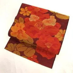 【2096】着物 名古屋帯 椿 えんじ オレンジ 名古屋仕立て 328㎝