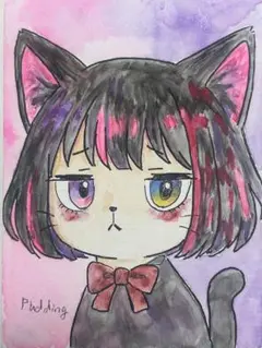 【手描きイラスト】アナログ 水彩画 オリジナルキャラクター 闇猫