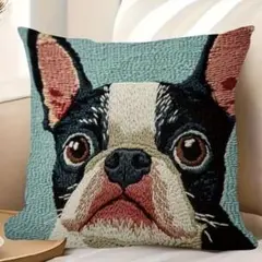 新品クッションカバー 刺繍風 プリント 犬 フレンチブルドッグ 動物 リアル