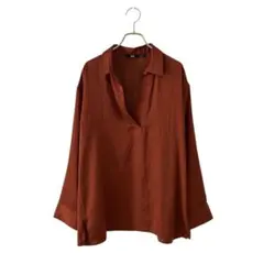 UNIQLO ユニクロ(L)サテンスキッパーカラーブラウス(長袖)テラコッタ
