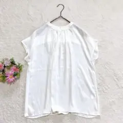 【美品】 グリーンレーベルリラクシング ネックギャザーブラウス フレンチスリーブ