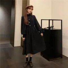 ロングワンピース レトロ ハイネック エレガント 長袖 春 秋 冬 黒色45