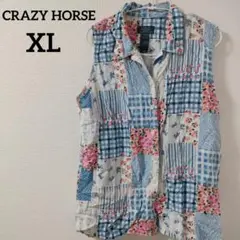 ★CRAZY HORSE ノースリーブシャツ XL 花柄　チェック01-108