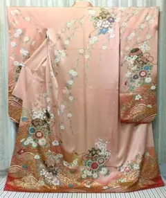 （480）正絹振袖 肌色よりのピンク 花柄 波模様 成人式 金駒刺繍