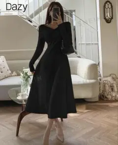 Dazy 黒 ロングカットソーワンピース Vネック 長袖