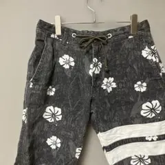 メンズハーフパンツ(L)グレーハイビスカス柄コットン100% ウエスト紐あり