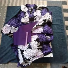 紫と白の蓮の花柄 浴衣・帯セット