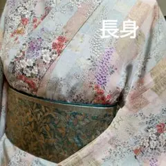 正絹　金彩格子花篭柄　小紋着物（４０１）
