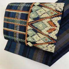 【和】11086b 着物 八寸名古屋帯 紬地 刺繍 縦縞 お洒落柄 開き仕立て