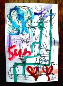 ken1作絵画 一点物ポストカード「立つ人座る人」