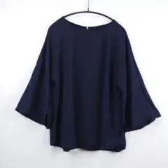 美シルエット☆ラッパ袖スリット入りネイビーブラウス Lサイズ 上品キレイめ