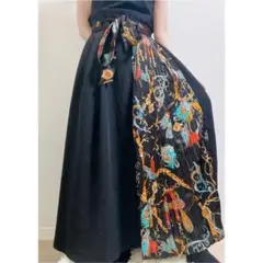 Radarista ラダリスタ スカーフ柄 ロングスカート 切り替え リボン 黒