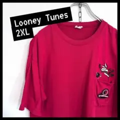 古着 2XL カステルバジャック ルーニートューンズ 刺繍Tシャツ 胸ポケ 赤