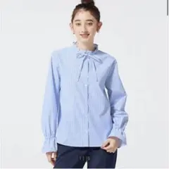 GU ストライプフリルネックブラウス XL