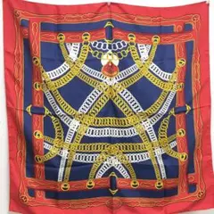 8B066/エルメス/スカーフ/カレ90/MAILLONS/馬具/鎖/シルク/赤