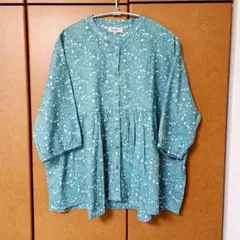 【新品】花柄青緑色五分袖チュニック　Ｌ　綿100%　ゆったり　体型カバー