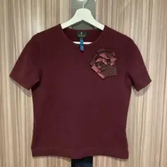 ランバンコレクション カシミヤ半袖ニット コサージュ付 ボルドー